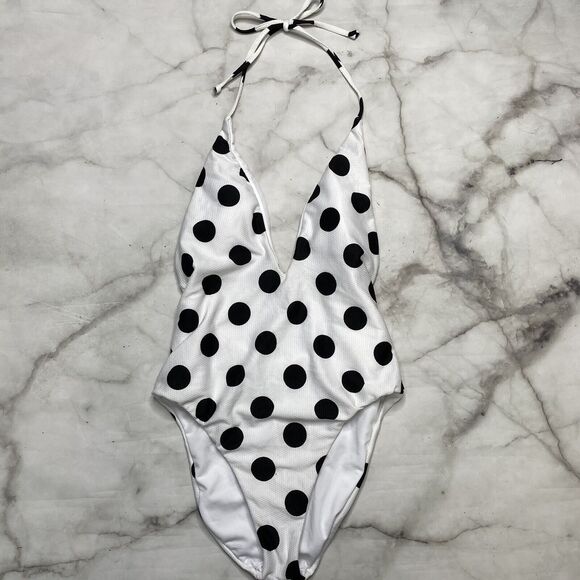 Bar III White Black This And Polka Dot Textured Halter One Piece Swimsuit M New - Picture 3 of 6